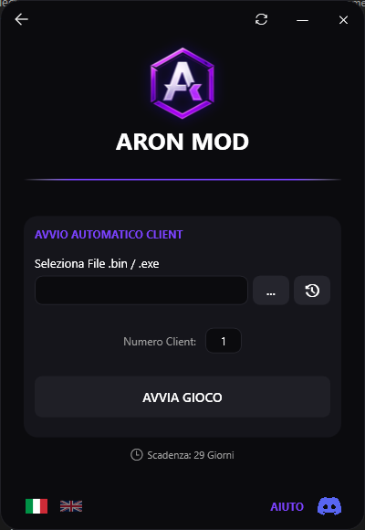 Schermata di avvio del client nel loader di Aron Mod